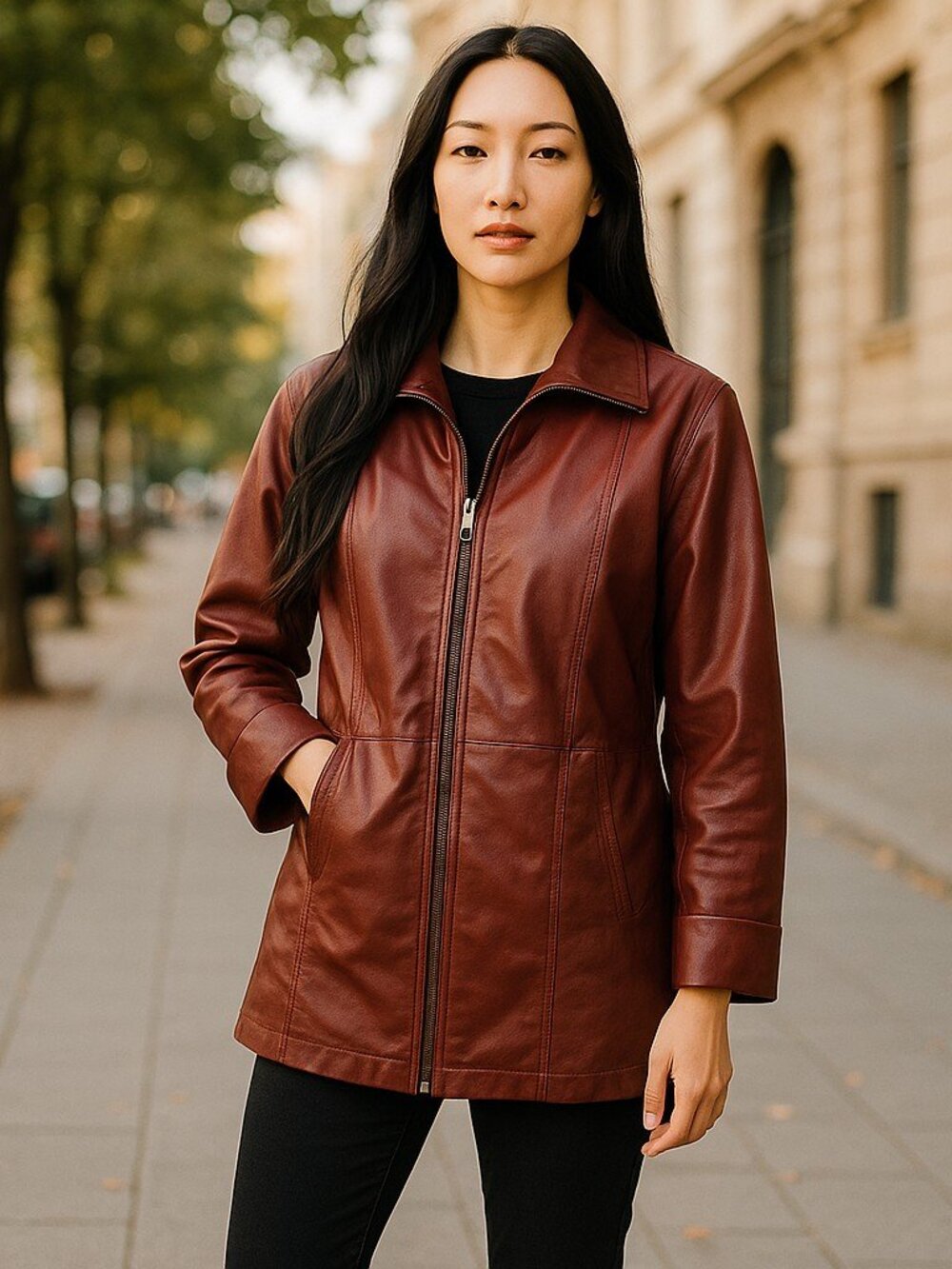 ROAMANS Burgundy Fully Lined Zip Front Leather Coat Ladies Plus Size 14W